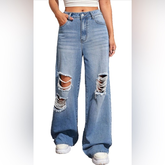 Amazon Denim - SweatyRocks Distressed Wide Leg Jeans High Rise Ripped Baggy Denim